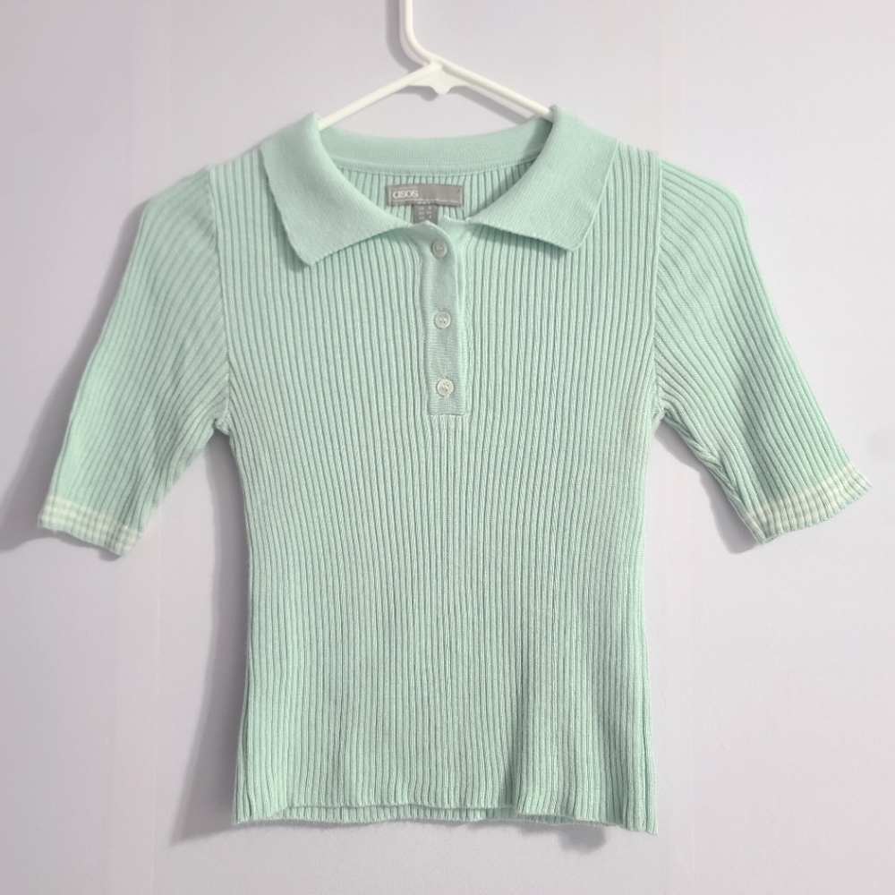Ribbed Collared Sweater Polo Shirt 1/2 Sleeve with Buttons Mint Green from ASOS